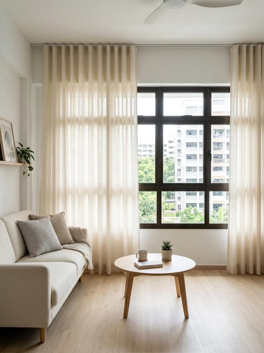 Modern HDB living room with ripple-fold curtains