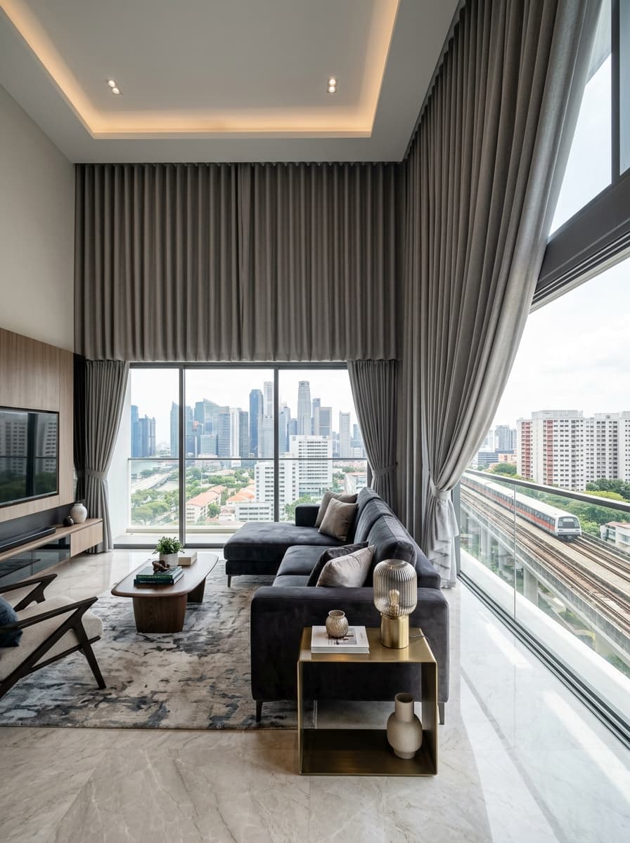 Condo living room with ripple-fold curtains
