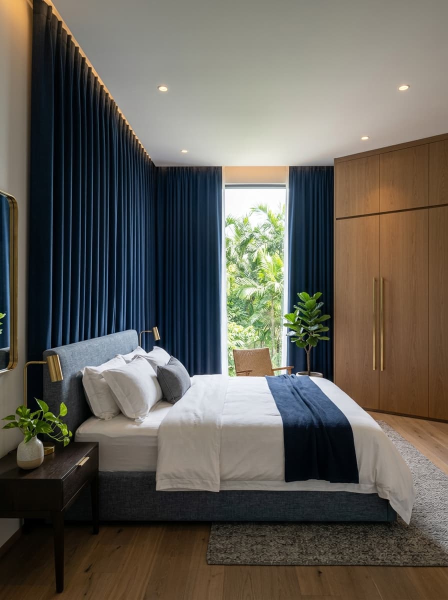 Condo bedroom with blockout night curtains