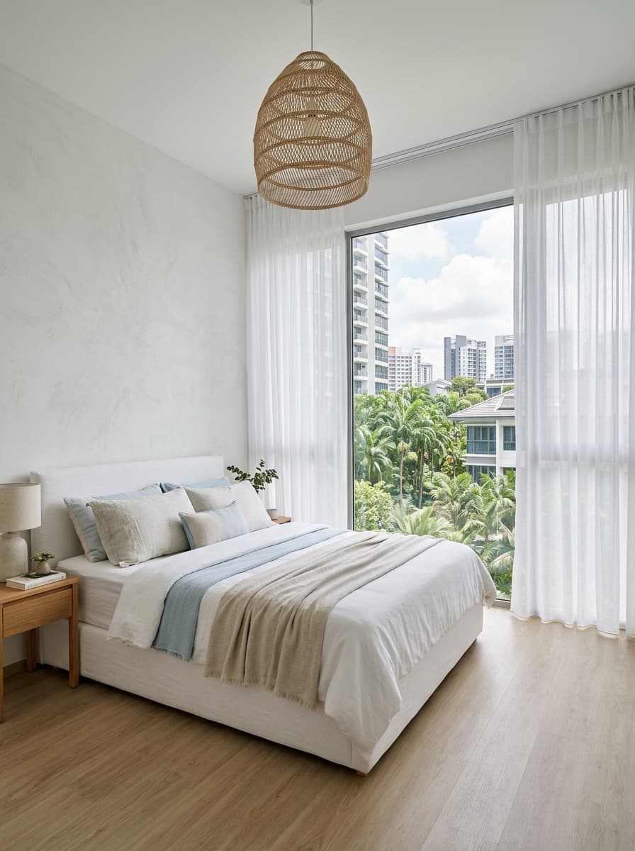 Sheer day curtains in a bright coastal bedroom