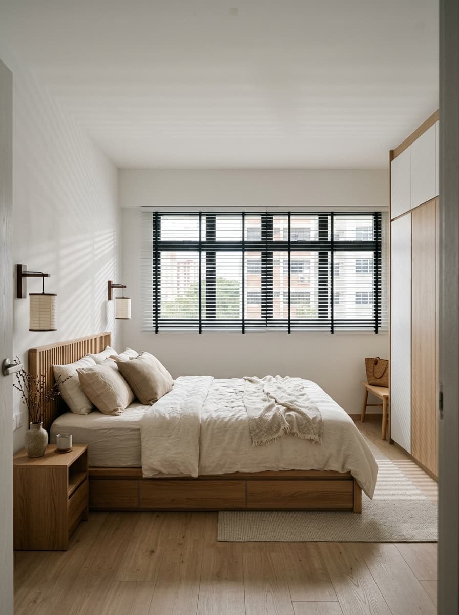 Japandi HDB bedroom with venetian blinds
