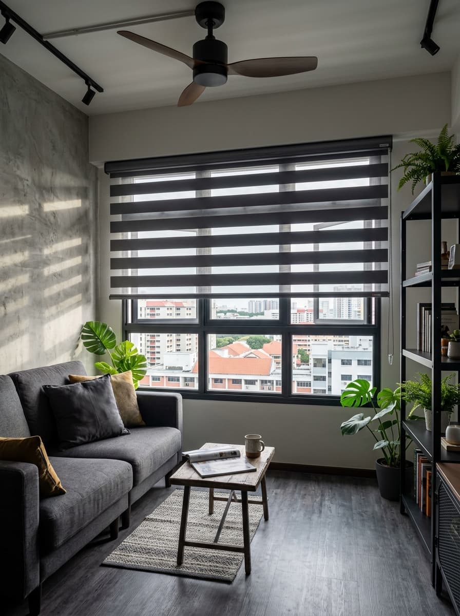 HDB living room with zebra day-night blinds
