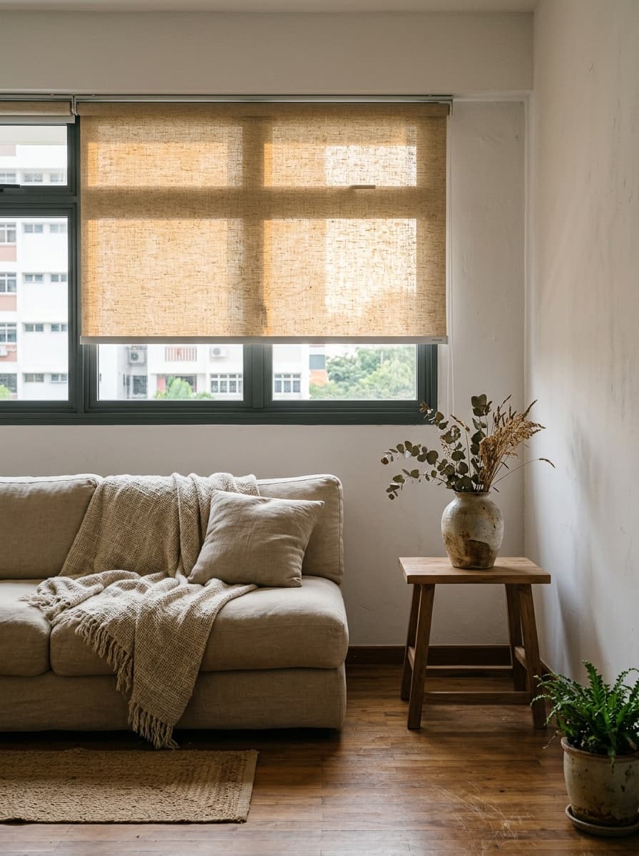 HDB living room with roller blinds