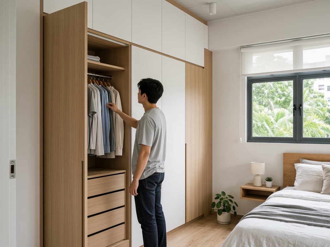 Person checking the interior of a custom built-in wardrobe