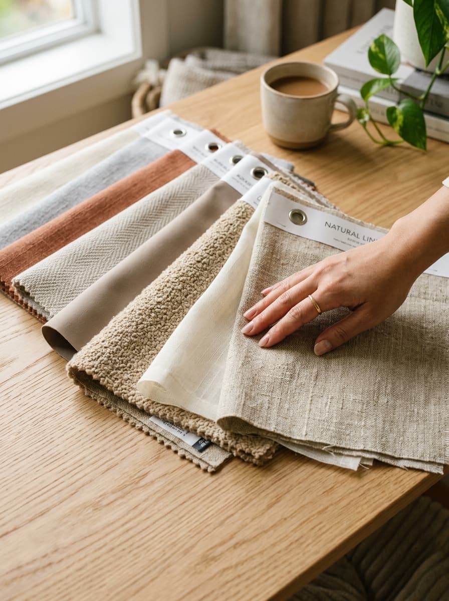 Fabric swatches showing sheer and linen day-curtain textures