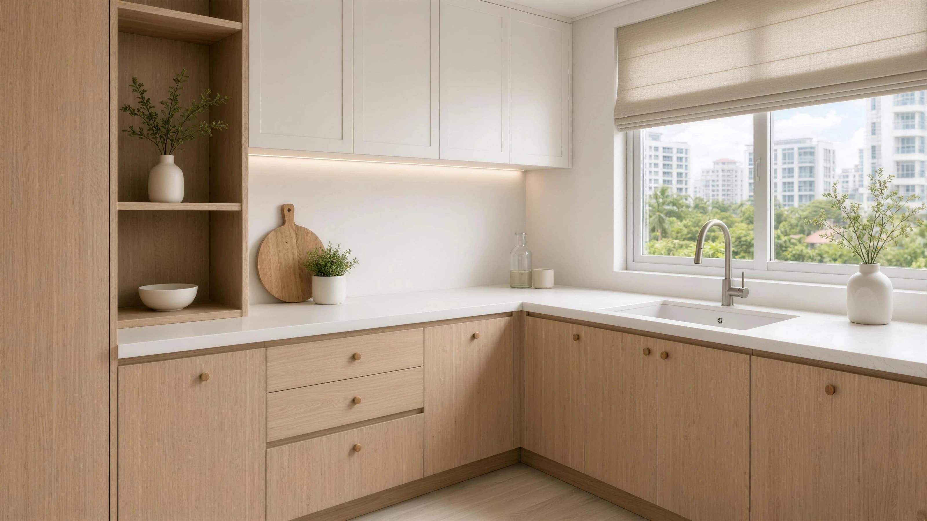 Bright Singapore kitchen renovation with custom cabinets and a half-raised Roman blind by Prime Decor Furnishing