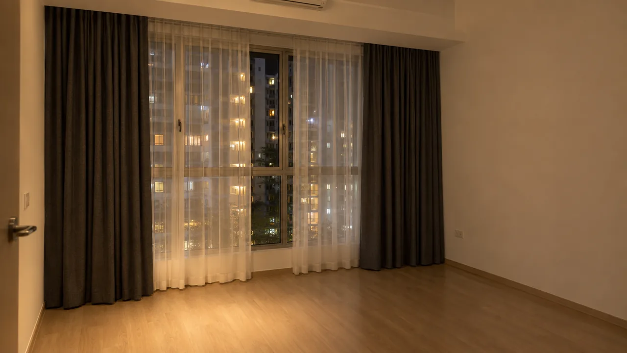 Dark blackout curtains half-drawn on aluminium HDB casements in a quiet evening Singapore BTO bedroom overlooking neighbour-block window glow.