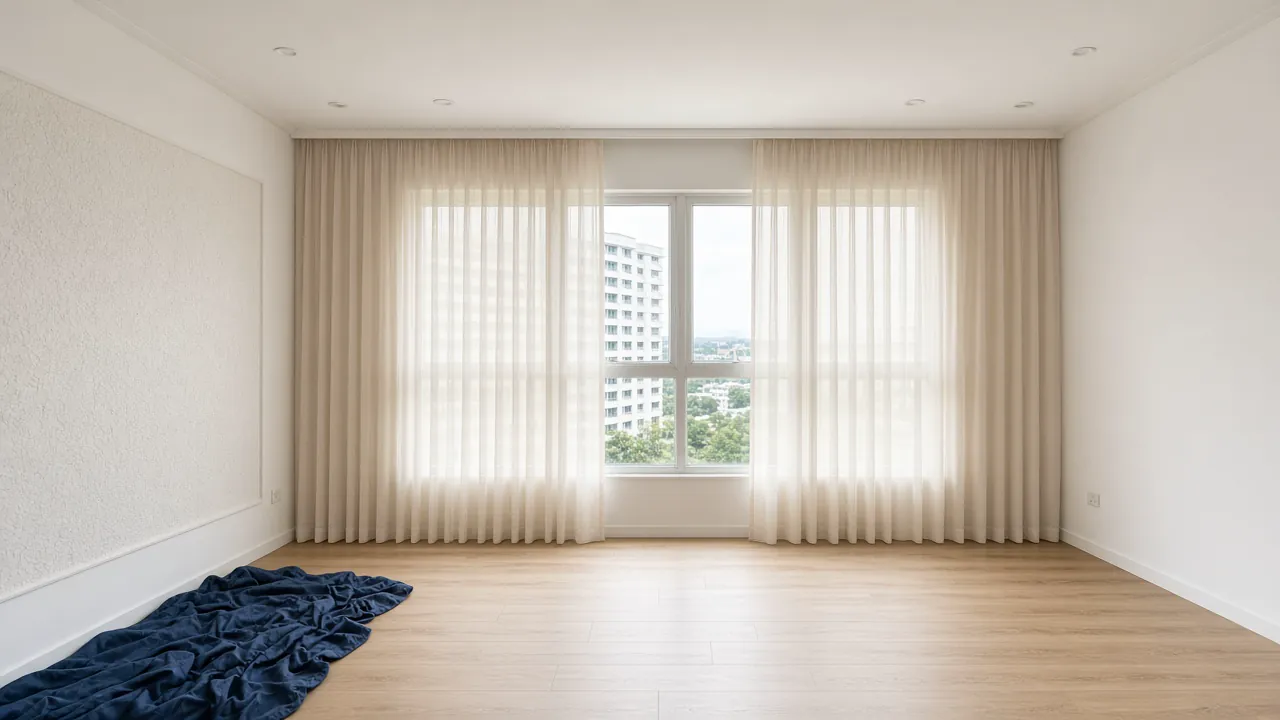 Floor-to-ceiling beige day curtains in a bright Singapore BTO living room overlooking neighbouring HDB blocks, freshly installed during renovation.