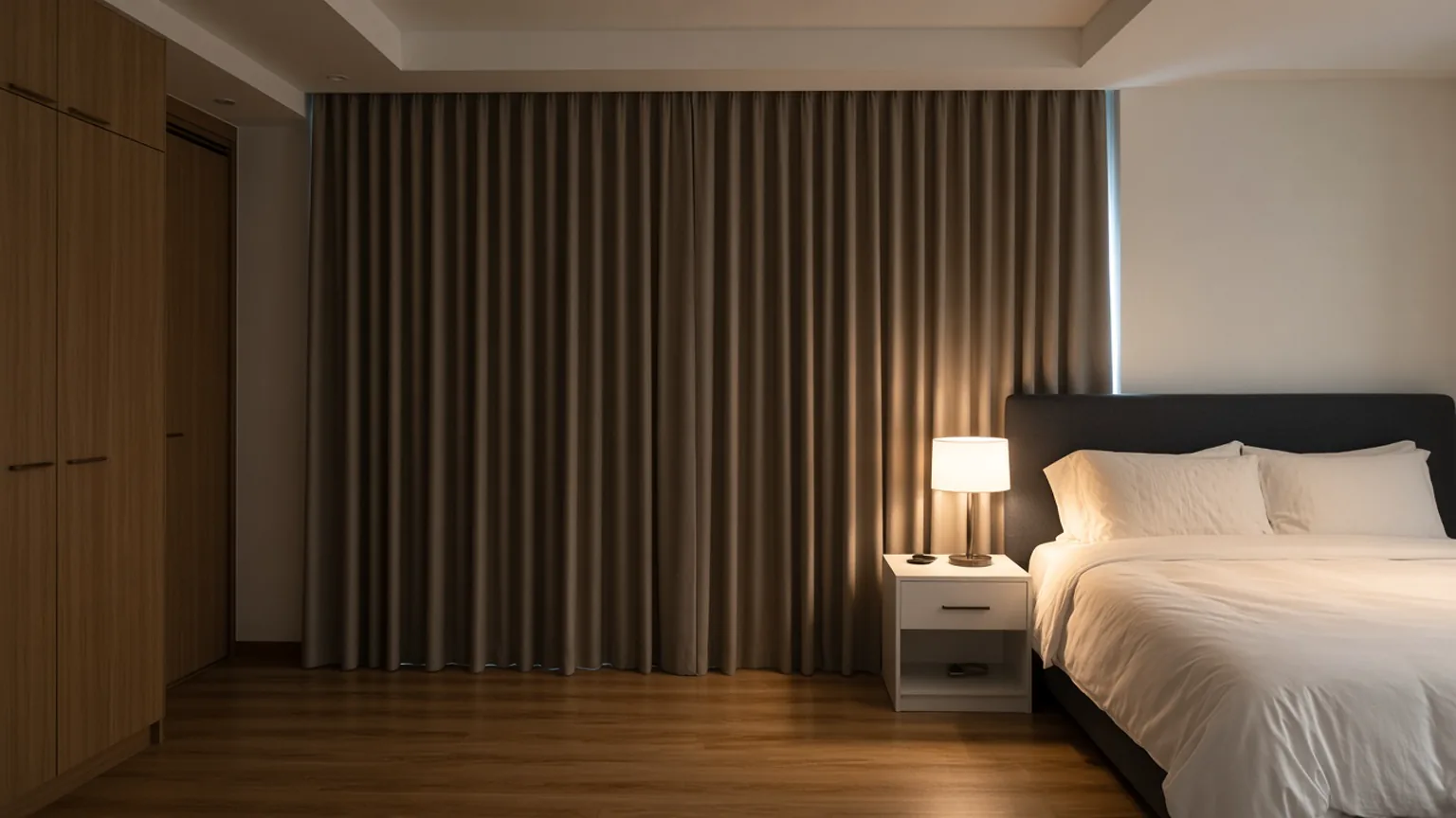 Floor-to-ceiling taupe blackout curtains in a Singapore bedroom at night, lit by a warm bedside lamp, with only a thin edge of external light.