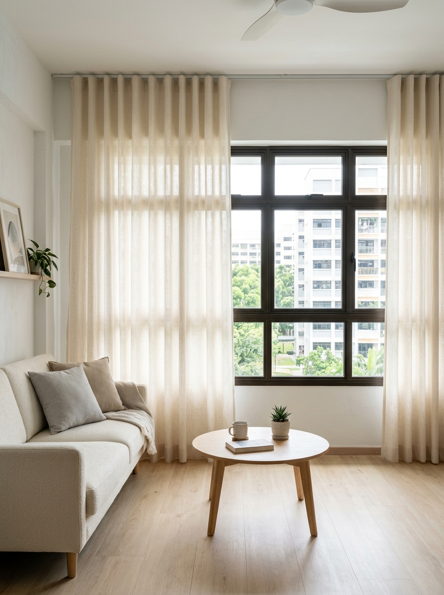 Modern minimal HDB living room with ripple-fold curtains